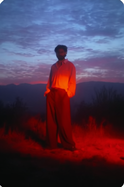 Amos Le Blanc in a dark suit standing under vivid red light at dusk