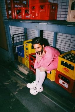 Pink street portrait Amos Le Blanc crouching beside stacked beverage crates in a pink outfit