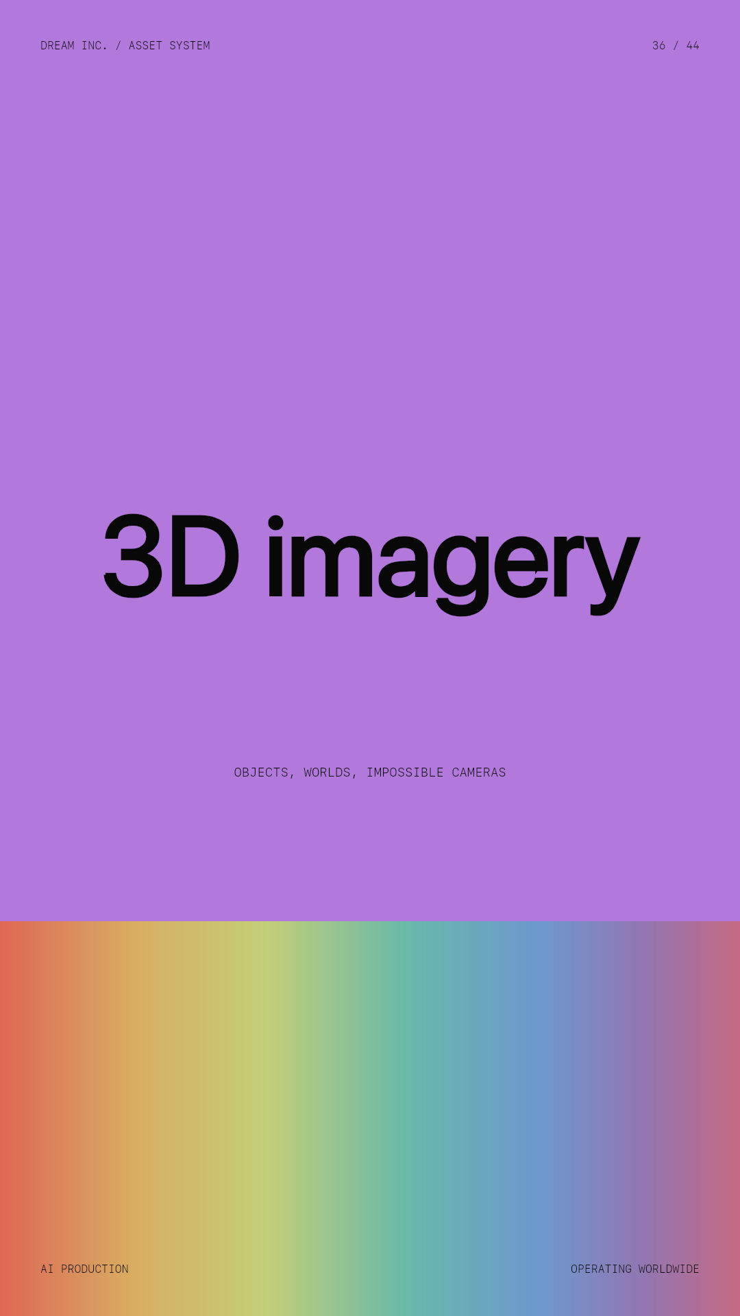 3D imagery 3D imagery: Objects, worlds, impossible cameras, a violet Dream Inc. creative collective brand graphic