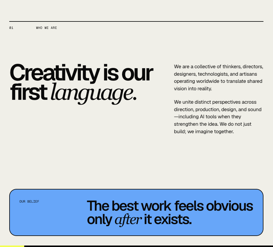 Creativity is the first language Dream Inc. manifesto page reading Creativity is the first language with an editorial blue belief card