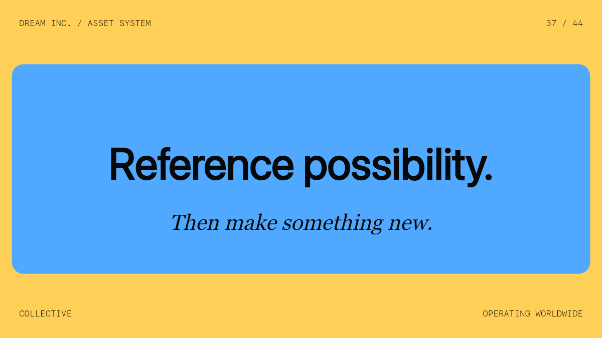 Reference possibility. Reference possibility.: Then make something new., a gold Dream Inc. creative collective brand graphic